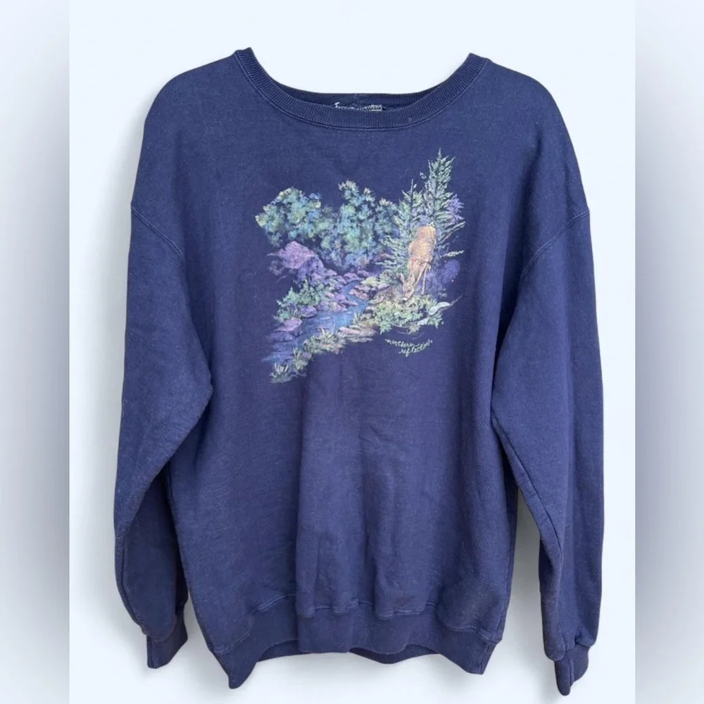 90s Northern Reflections Dark Blue Wildlife Deer Print Cottagecore Sweater Large - Picture 3 of 8